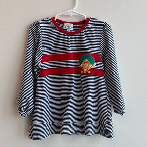 Striped Blue & White Long Sleeve Dress with Baseball Accents